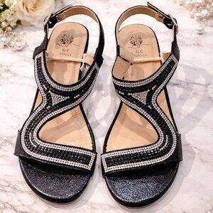 GC Good Choice Caris Wedge Sandals Black Rhinestone Dress Heels Womens 8.5M NWT